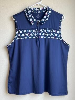 Emerald 18 Navy Blue Golf Ball Tee Print Sleeveless Polo Shirt Size XL 1/4 zip